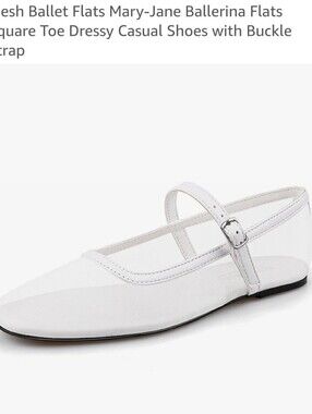 White Mesh Mary-Jane Ballet Flats with Buckle Strap